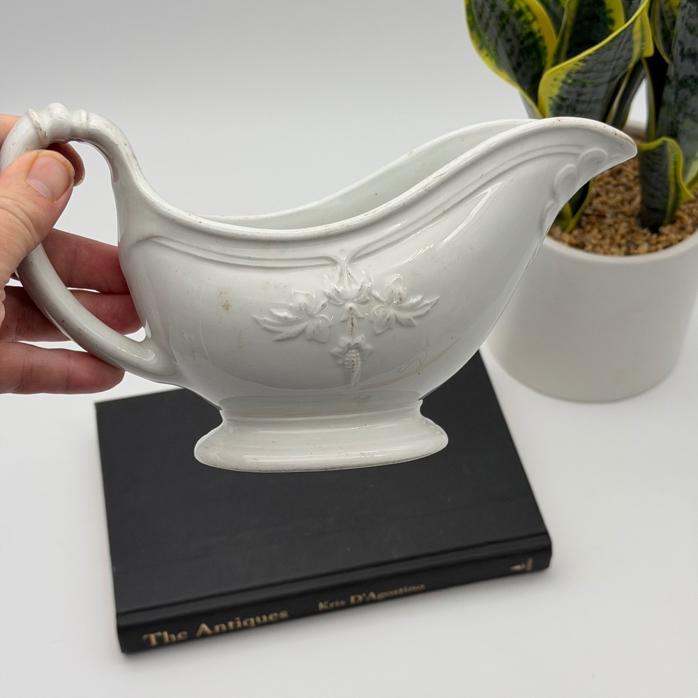 Antique Clementson Brothers White Ironstone Gravy Boat Embossed Leaf Hanley